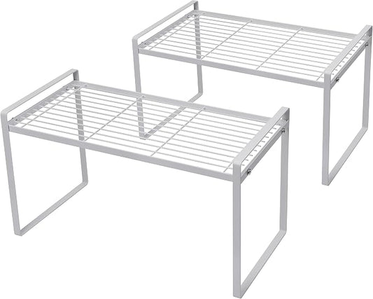 Shantton 2Pack Cabinet Shelf Organizer Storage Rack Space Saving for Kitchen Counter Pantry Bathroom Cupboard Under Sink Office Table Steel Stackable Rust Resistant Heavy Duty Nonslip 16” White - Tall