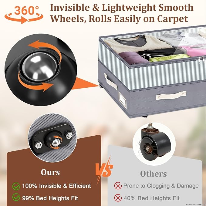 Dolicer 2 Pack Under Bed Storage with Wheels, 6in-10in Height Adjustable Underbed Storage Containers, 92L XXXL Under Bed Drawers Rolling Bin with Clear Lids for Shoes Clothes Organizers(Gray Stripes)