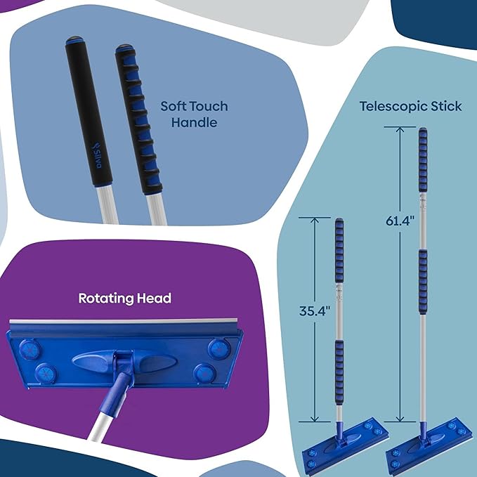 Silva Microfiber Mop Set with Reusable Microfiber Pads (Wet/Dry/Wall) | 360 Rotating Mop Head | Sturdy, Extra Long, Adjustable Metal Pole | Ergonomic Soft-Sponge Handle | Blue | Floor, Wall, Tile