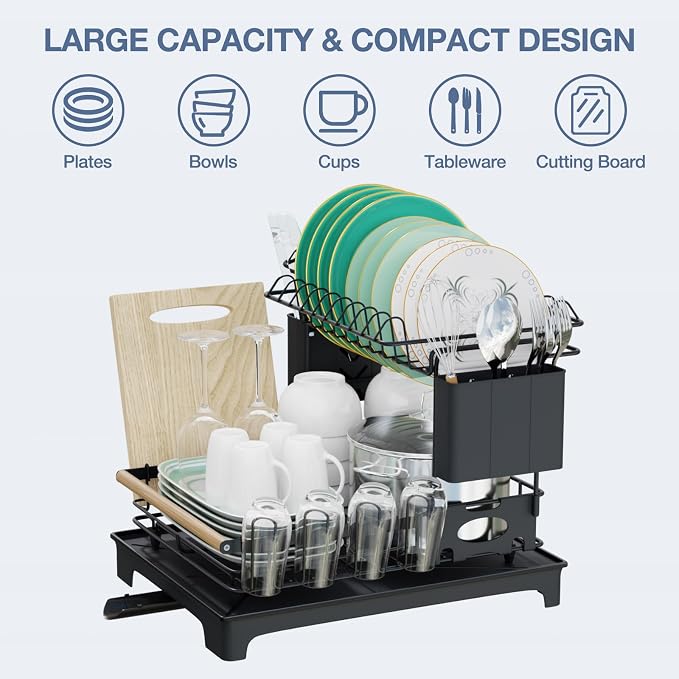 2-Tier Dish Rack Large Capacity Dish Drying Rack for Kitchen Counter Anti-Rust Dish Strainer with Drainboard, Cup Holder, Utensil & Cutting Board Organizer, Heavy Duty Metal, Black