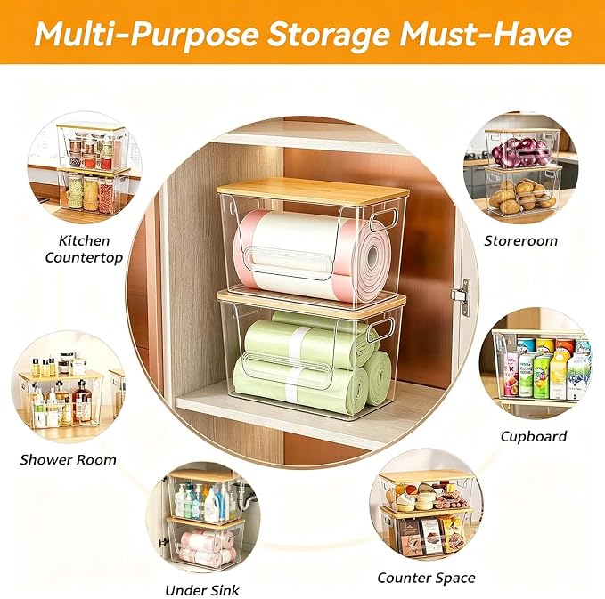 2-Pack Trash Bag Holder Dispenser with Bamboo Lid | Stackable Dispenser, Clear Plastic Organizer for Under Sink, Kitchen, Pantry, Laundry Room, Fits 13, 30, 33 Gallon Bags