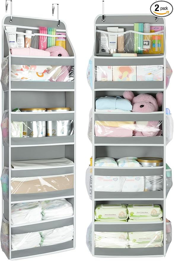 Yecaye 5 Tier Over the Door Organizer, Swing-proof Door Organizer Hanging with Clear PVC Windows, Behind the Door Storage for Bedroom Nursery Closet Laundry Pantry Bathroom, Grey