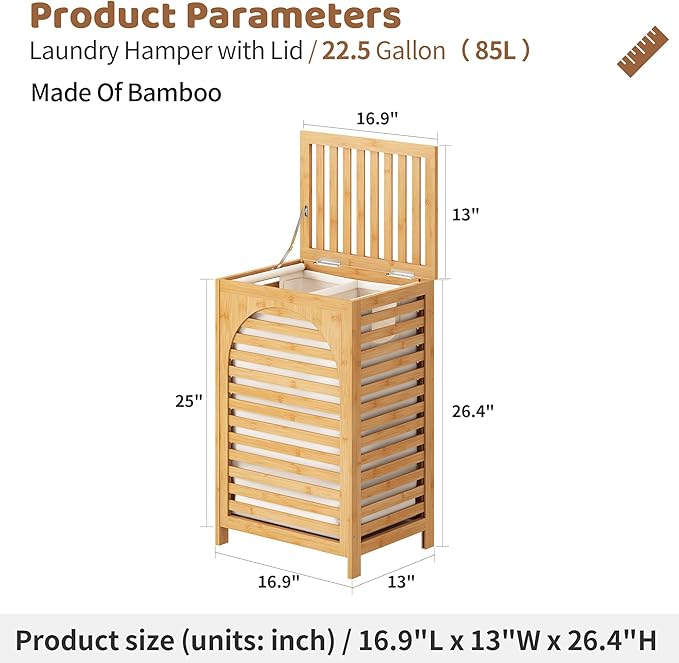 Laundry Hamper with Lid (16.9 * 13 * 26.5inches) Large Bamboo Laundry Bin Basket 85L Clothes Hamper with 1 Removable Bag Storage baskets for Bathroom(Natural)