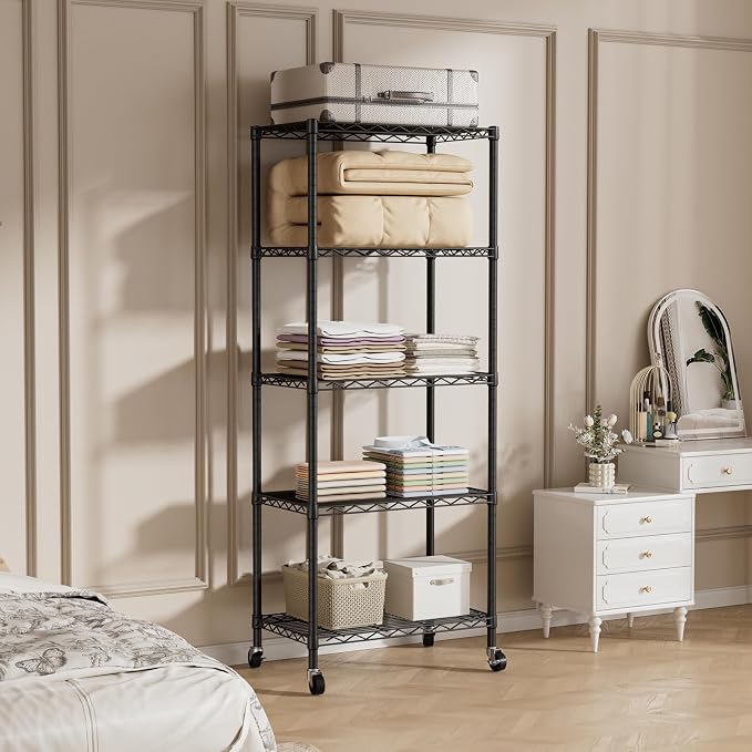 SINGAYE 5 Shelves Storage Wire Shelf Closet Metal Shelving Pantry Wheels | Shelf Bathroom Organizers Metal Kitchen Garage Shelving Unit Laundry Room Organization Home Rack Net Basket with Wheels