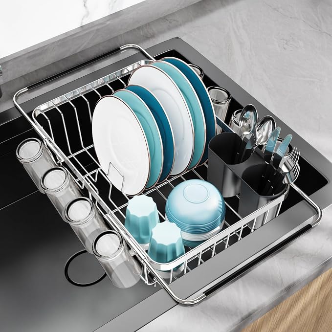 GSlife Dish Drying Rack Over the Sink with Twist-Lock Extendable Handle | Stainless Steel Dish Drainer with Cup Holder and Utensil Holder for Small Kitchen, Apartment, RV, Rustproof, Silver