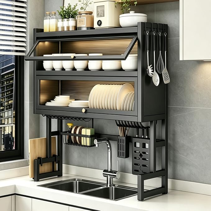 Over The Sink Dish Drying Rack, Piano Lacquer, Thickened Steel Pipe, Over Sink Dish Drying Rack, Over Sink Rack, for Dishes, Glasses, Bowls, Cutlery Black 29.52in (Medium)