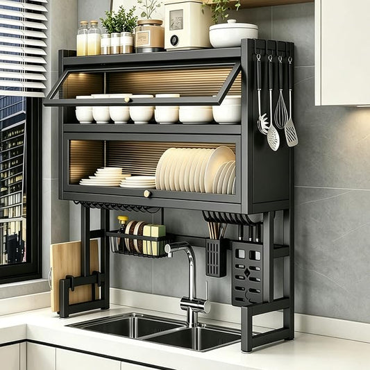 Over The Sink Dish Drying Rack, Piano Lacquer, Thickened Steel Pipe, Over Sink Dish Drying Rack, Over Sink Rack, for Dishes, Glasses, Bowls, Cutlery Black 29.52in (Medium)