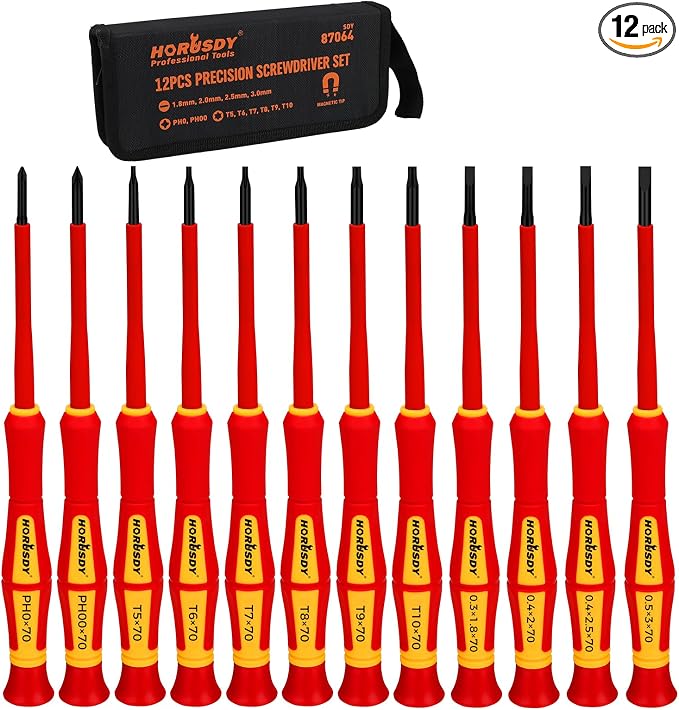 HORUSDY 12-Piece Precision Screwdriver Set, 1000V Insulated Electrician Screwdrivers with Magnetic Tips & Rotatable Top Cap, Phillips PH0/PH00, Slotted 1.8–3mm & Torx T5–T10 with Portable Storage Bag
