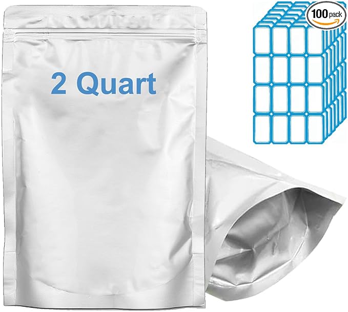 100pcs 2 QUART Mylar Bags for Food Storage - Thick 10 Mil - 8"x12" Stand Up Zipper Pouches Bags, Resealable and Heat Sealable Vacuum Sealing Bag for Long Term Food Storage