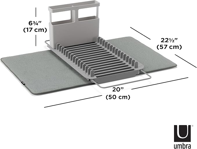 Umbra Udry Dish Rack and Microfiber Drying Mat – Space-Saving Design Folds Up for Easy Storage, Over-Sink Rack, Gray