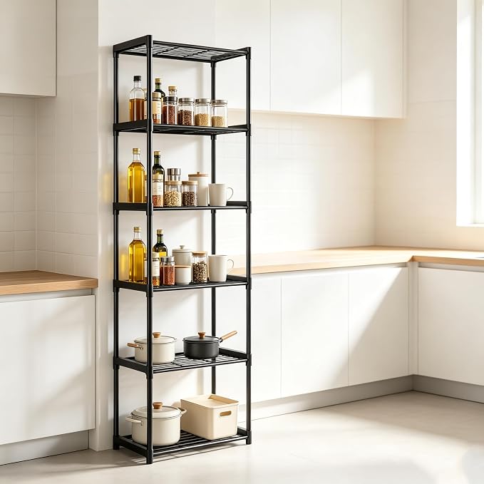 6-Tier Storage Shelves with Plastic Connectors – Metal Shelf Organizer for Pantry, Closet & Bathroom, Space-Saving Sturdy Shelving Unit Rack, Black， 17.3" x 12.8" x 70.9"