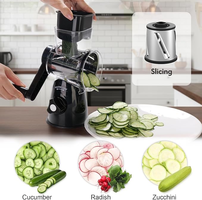 JIUMEXES Rotary Cheese Grater | Hand-Crank Design, 3 Interchangeable Blades, Suction Base, Stainless Steel