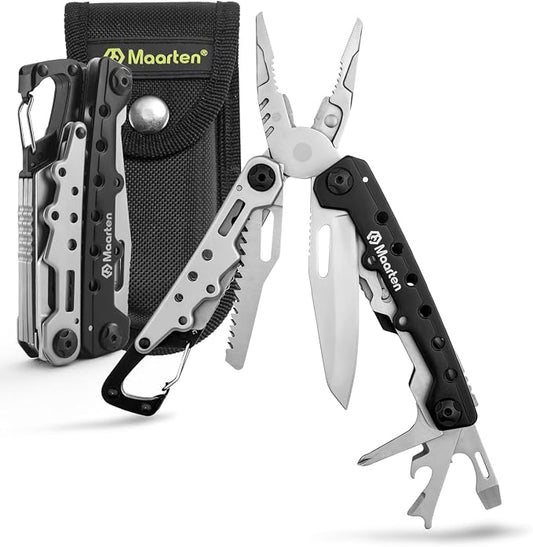 Maarten Lightweight Multitool Pliers, 11 in 1 Suspension Multi-Plier with Carabiner, Stainless Steel Portable Pocket Keychain Multi tool with Spring Pliers, Folding Saw, Bottle Opener and Sheath