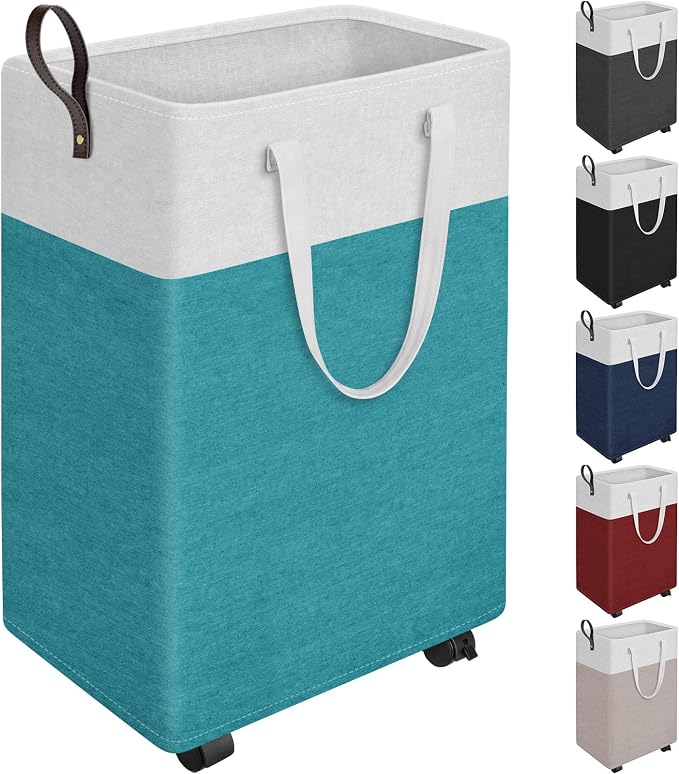 HomeHacks 90L Rolling Laundry Basket with 4 Wheels Collapsible Green | 4 Wheels, Waterproof PEVA Lining, Cotton Flax Fabric, Metal Frame, Bathroom Laundry Room Dorm Storage, Space-Saving Design
