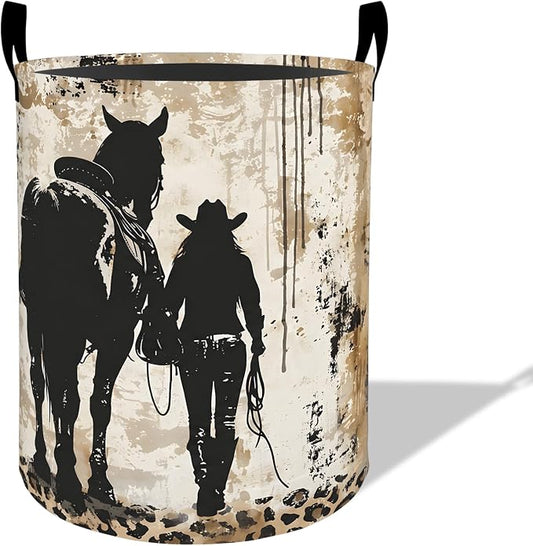 Western Cowgirl Horse Laundry Basket Hamper 19.7"x15.8", Organizer Bins Gifts for Kids Boys Girls, Country Farmhouse Foldable Waterproof Oxford Clothes Storage Bucket for Bedroom Bathroom Decor