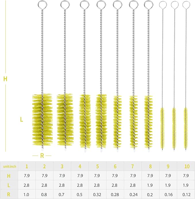 CiaraQ Bottle Cleaning Brushes, 8 Inch Nylon Tube Brush Set | Yellow Cleaner for Narrow Neck Bottles Cups with Hook, Set of 10pcs.