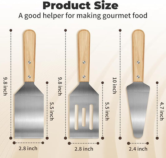 3 Pieces Stainless Steel Spatula Set,Metal Spatula for Cast Iron Skillet,Metal Spatula for Cooking with Wooden Handle,Metal Spatulas for kitchen use for Pancakes,Frying steak,Burger and Desserts