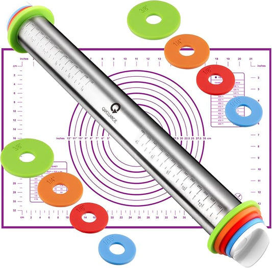 Rolling Pin and Pastry Baking Mat Set, Rolling Pins with Adjustable Thickness Rings, Stainless Steel Dough Roller for Baking Fondant, Pizza, Pie, Pastry, Pasta, Cookies (Purple)