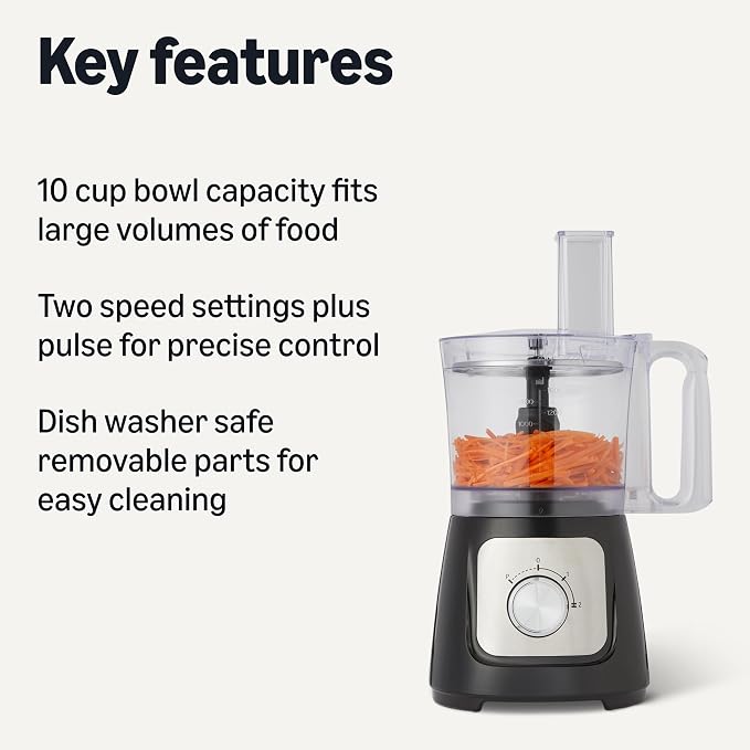 Amazon Basics Food Processor and Vegetable Chopper with 10 Cup Bowl, 2-Speed, 500 Watt Motor, Pulse Function, Dishwasher Safe Parts, Black