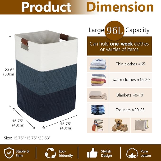 Laundry Hamper 96L Extra Large Laundry Basket, Woven Blanket Basket | Cotton Woven Storage Hamper with Handles for Living Room, Large Baskets for Pillows, Blankets, Clothes-Gradient Blue
