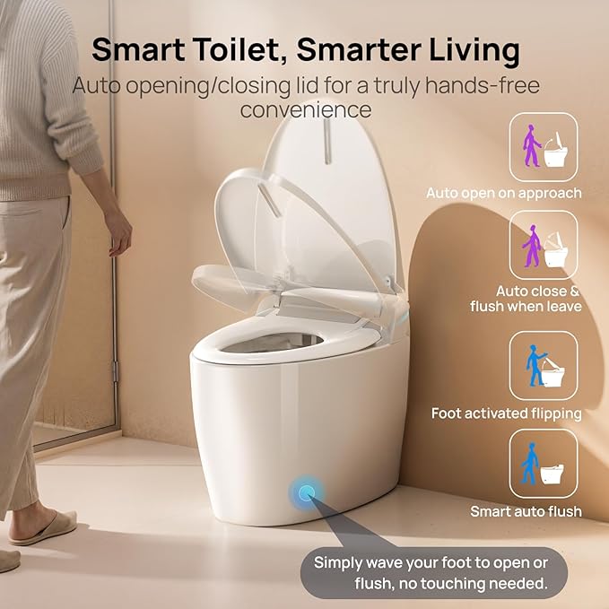 Smart Toilet with Bidet Built-in: Bidet Toilet with Washing Child Friendly Modes, Toilet Bidet with Heated Seat, One Piece Toilet with Warm Water, Dryer, Remote, Foot Sensor, Auto Flush Lid&Seat