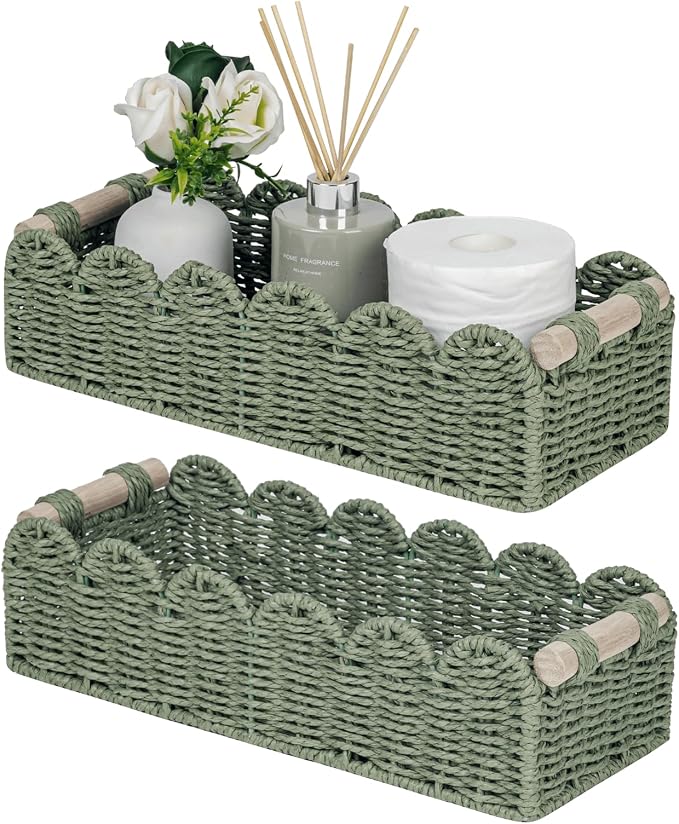 CubesLand Bathroom Basket Organizer, Toilet Tank Paper Storage Baskets 2PK | Scalloped Decorative Basket for Countertop w/Handle, Wicker Basket for Bathroom Decor, Home Decor, Living Room, Green