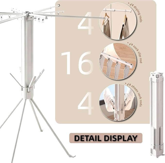 Clothes Drying Rack Foldable, 4-Legged Drying Rack Clothing Floor Standing Laundry Drying Rack Collapsible Drying Racks with Sock Clips & Shoe Holders for Indoor and Outdoor Balcony Bedroom Apartment