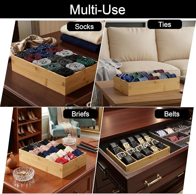 Bamboo Belt Organizer for Closet, Tie Storage Organizer Bins with Detachable Divider Drawer Organizer, Closet Organizers Storage Box for Socks, Bras, Briefs, Ties, Belts,Natural