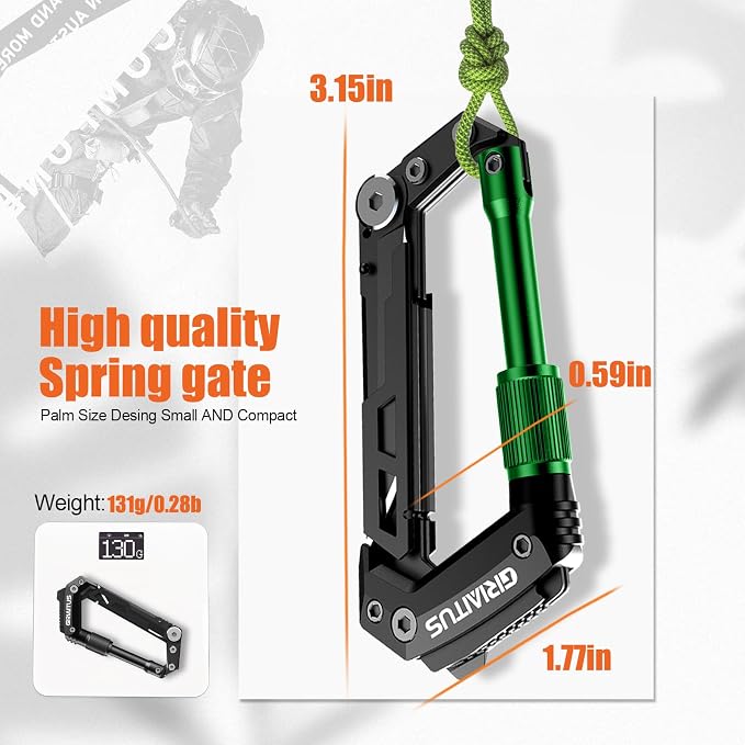 Carabiner Multitool with Pocket Knives, EDC Carabiners for Camping Hiking | Serrated Knife, Rope Cutter, Screwdriver, Can Bottle Opener, Ruler, Folding Knife, Gifts for Men (Green)