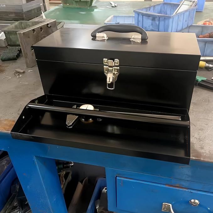 16" Portable Metal Toolbox Large Tool Box 18-Gauge Fishing Tackle Box Tool Box Drawer Organizer Steel Toolbox With Metal Latch and Handle Black