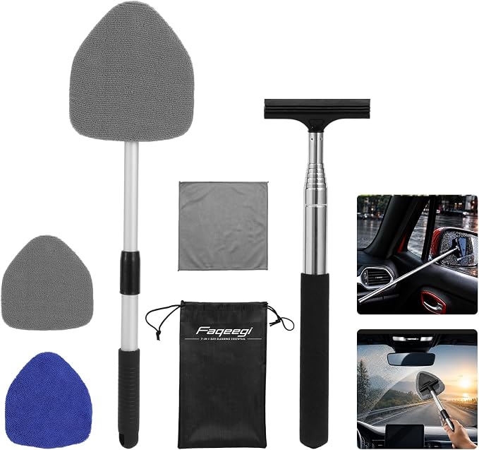 7-in-1 Windshield Squeegee Kit 180° Rotatable Cleaner | Lint Streak Free Pads, Extendable Scratch-Free Build, Car Home Dual Use, Blind Spot Clear, Storage Bag, Car Owner Gift