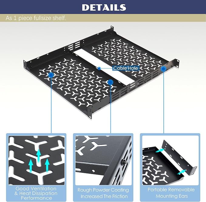 1U Rack Shelves (2-Pack), 2 PCS 10" Deep Cantilever, with Optional Joints to Combine as One Full Size Server Rack Shelf