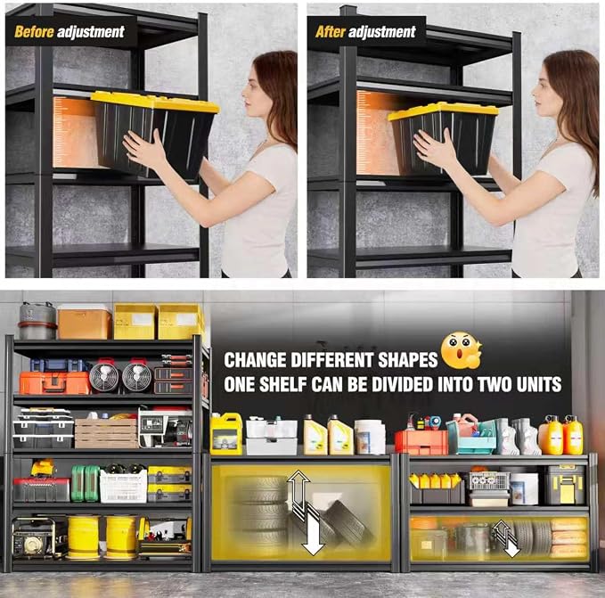 Heavy Duty Garage Shelving, 5-Tier Adjustable All Metal Storage Rack for Tools, Storage Bins & Bulk Items, Utility Steel Shelf for Garage,Warehouse, Workshop,Basement&Pantry,71"H x 46"W x 20"D