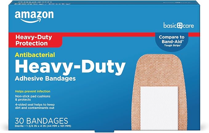 Amazon Basic Care Heavy Fabric Adhesive Bandages, Strong Adhesion, Large Tough & Flexible Non-Stick Pad Cushion, 1.75 x 4 in, 30 Count