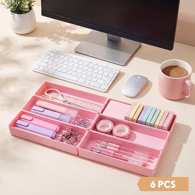 Teling 6 Pcs Pink Plastic Desk Organizer Tray Shallow Drawer Pencil Tray Tabletop Organizer for Office, Home, or Study 9.45x2.95x1.38 Inch