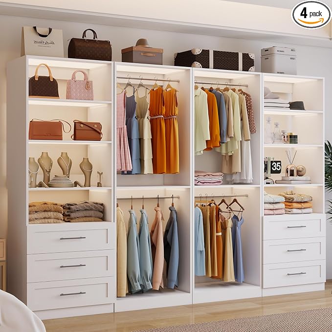 Closet system with 6 Wooden Drawers, 8-21FT Closet Organizer System, 8 Expandable Hanging Rods and 8 Shelves for Walk in Closet, Modular Closet Storage System with Shelves, Set of 4
