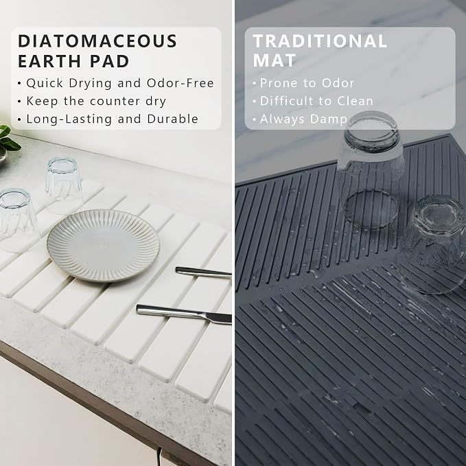 Large Stone Drying Mat for Kitchen Counter Diatomaceous Earth Collapsible 24”（L）*16”（W）Super Heat Resistant Mats, Quick Absorbent Dish Drying Rack（White）