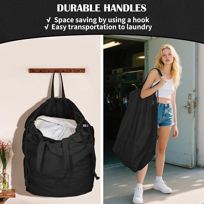 Canvas Laundry Bags with Handles & Rectangular Base, 20"Wx15"Dx27.6"H Black | Extra Large Heavy Duty Laundry Basket Hamper Liner Replacement, Washable Drawstring Dirty Clothes Bag, canvas Storage Sack