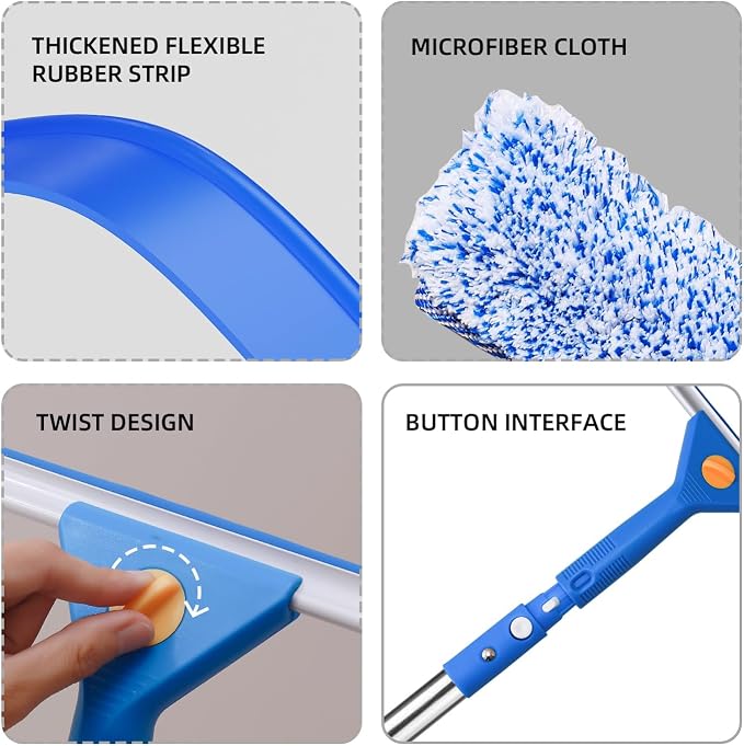 2-in-1 Window Cleaning kit with 51" Extension Poles, Suitable for Indoor & Outdoor Windows, High Glass, High Windows, Multi-Purpose Car Windshield Cleaning(Blue 15.74in - 51.18in)