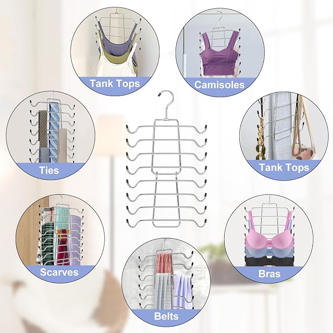 3Pcs Tank Top Hangers Space Saving Hanger Organizer Bra Hangers Silver | 360° Rotating Metal Closet Organizers and Storage Lingerie Hangers for Tank Tops Cami Bras Belts Swimsuits Lingeries