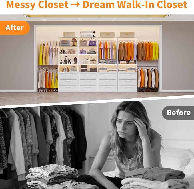 Closet System with 12 Wooden Drawers, 10 Shelves & 6 Hanging Rods, 8–21 ft Adjustable Closet Organizer System, 2800 lbs+ Walk-In Closet System, Modular Custom Closet Kit, White(Set of 4)