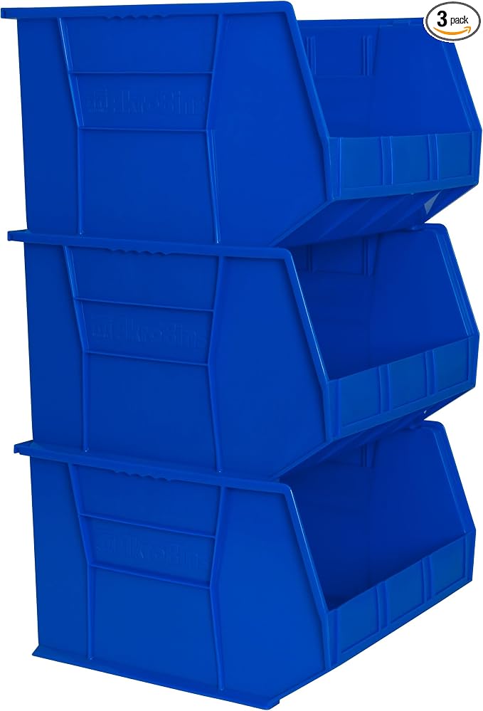 Akro-Mils 30270 AkroBins Plastic Storage Bins, Space-Saving Stackable Bins for Garage, Pantry, Craft Organization, 18" x 16" x 11", Blue, 3-Pack