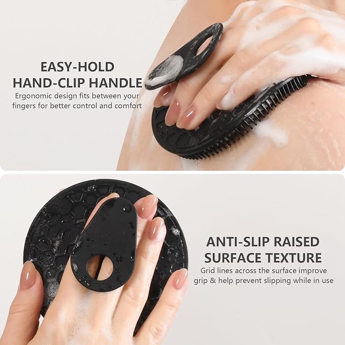 Silicone Body & Face Scrubber Set 3 Pack, BEAUTAIL Gentle Shower Scrubber | Hygienic Silicone Loofah, Easy-Grip Handle, Soft Exfoliating Bath Brush for Sensitive Skin, Women, Men & Kids (Black+Green)