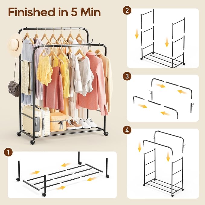 TigerParty Double Rods Clothes Rack for Hanging Clothes, Rolling Clothing Rack with Wheels, 6 Side Bars Freestanding Garment Racks for Bedroom Laundry Living Room