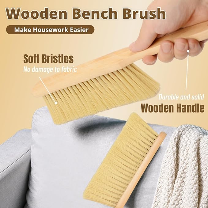 2 Pieces Woooden Dust Brush Hand Broom Bench Brush with Long Wood Handle Whisk Broom Soft Bristle Brush for Counter Bed Sofa Car Fireplace Clothes Household Cleaning