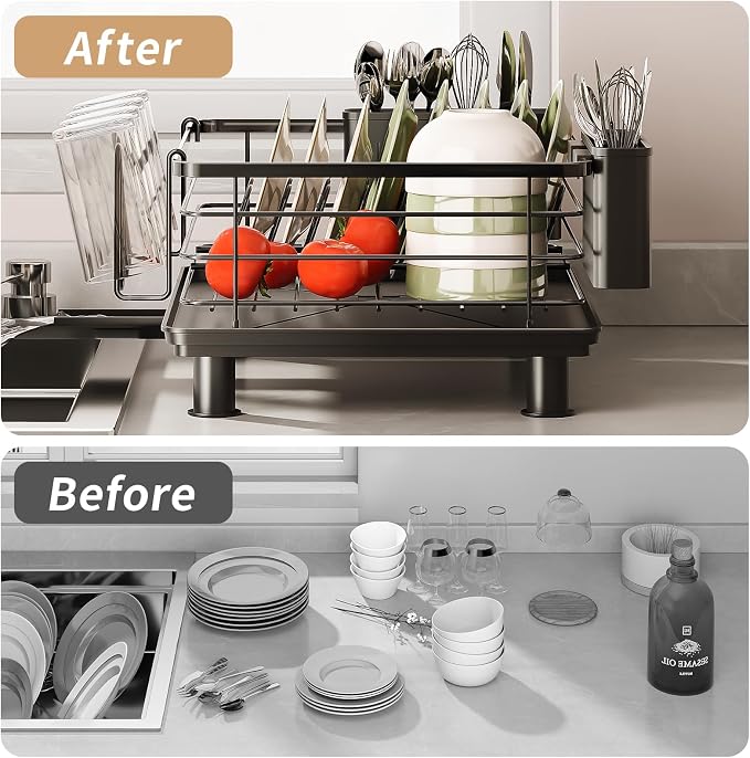 PureBox Dish Drying Rack with 2 Utensil Holders, Rustproof Metal Kitchen Counter Organizer with Cup Holder & Drain Board, Large Capacity Dish Rack for Sink, Black