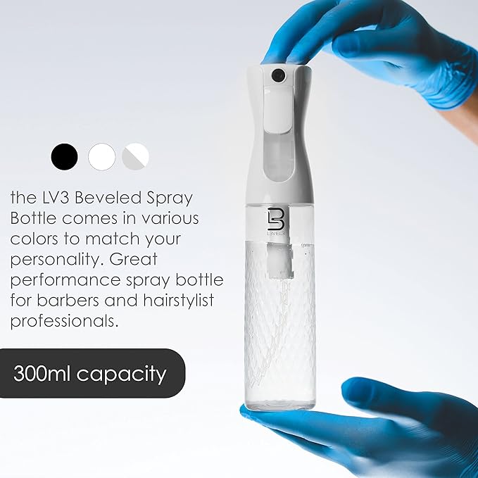 L3 Beveled Spray Bottle - Continuous Spray with a Fine Mist Pattern - Barber and Hair Stylist Supplies - Less Hand Fatigue Compared to Standard Bottles - Level Three Barber Spray - 300 ml (Clear)