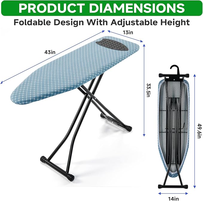 BKTD Compact Ironing Board 13 x 43, Iron Board with Heat Resistant Surface, Adjustable Height, Space Saving Table with Hook & Iron Rest for Home & Laundry Room, Diagonal Checkered Blue