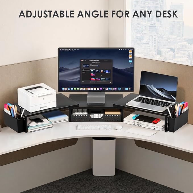 OPNICE Desk Organizers and Accessories, Dual Monitor Stand Riser with Drawer and 2 Pen Holders, Desk Shelf Computer Racks for Office Workspace Organizers, Desktop Organization (Black)