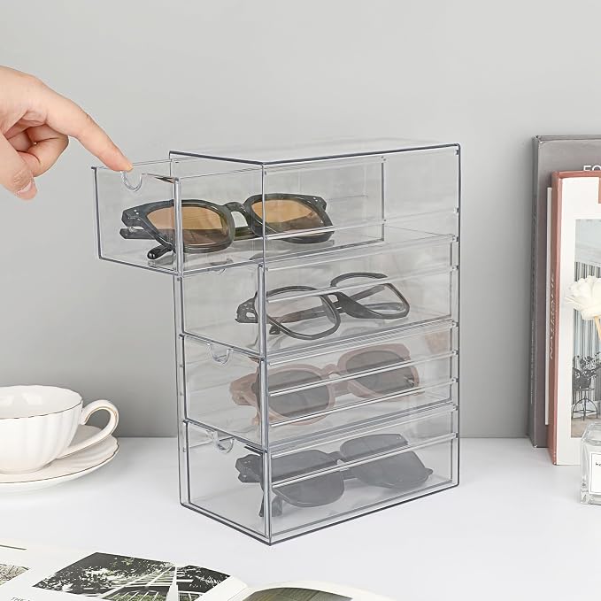 Hipiwe Plastic Drawer Organizer Clear Storage Box with 4 Pull Out Drawer | Hair Accessories Organizer Box Compact Desktop Holder for Cabinet Vanity Bathroom Pantry Office or Closet Organization